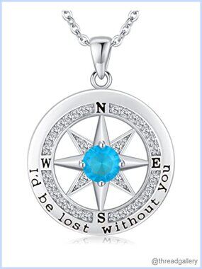 Compass Pendant Necklace 925 Sterling Silver Cubic Zirconia Engraved Gift